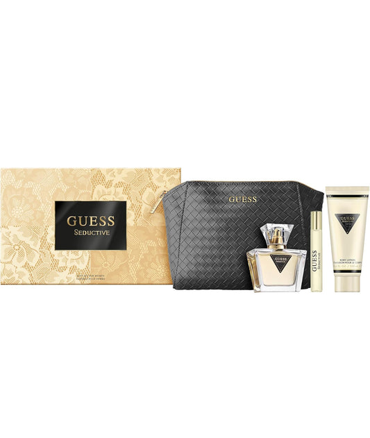 GUESS Seductive Damen Geschenkset - Eau de Toilette 75ml, Reisegröße 15ml, Körperlotion 100ml, Schwarze Guess Pochette - Langanhaltender Fruchtiger Blumenduft