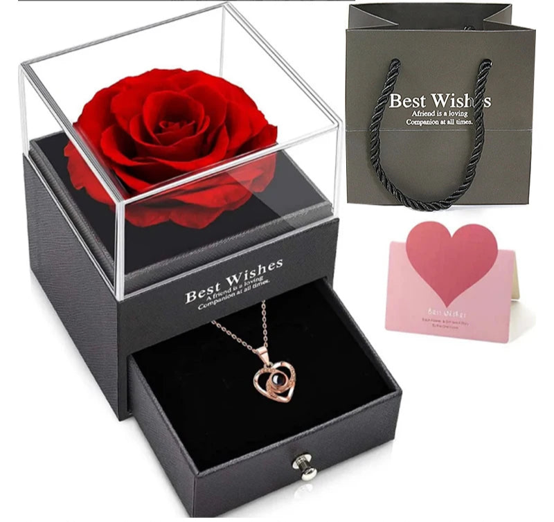 1 Set Hohlzirkon Liebeskette Silber Damen Ewige Blume Künstliche Blume Geschenkbox Schmuckschatulle