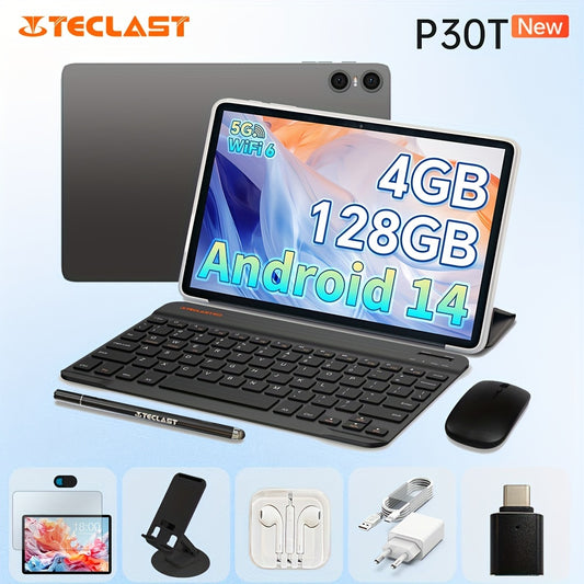 Teclast P30T Tablet 2024 Newest Android 14 10.1 Inch, 4GB RAM+128GB ROM With 1TB Expand Tablet PC, 2 In 1 Tablets With Keyboard, Teclast Case, Protective Film, Wireless Mouse, Earphones, 6000mAh Battery, 1280x800 IPS Display