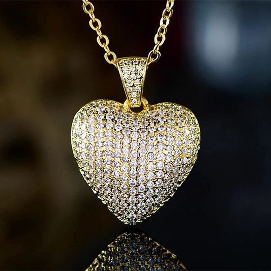 Huitan Dazzling Gold Color Full Paved  Heart Pendant Women Necklace Gorgeous Female Engagement Jewelry Necklaces Hot Selling