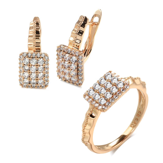Kinel New 585 Rose Gold Earrings Ring Sets for Women Classic Natural Zircon Earrings Ring Fashion Bridal Wedding Jewelry Set
