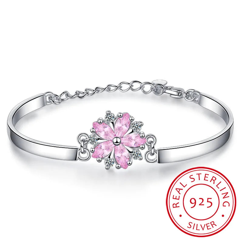 Fashion Exquisite 925 Sterling Silver Jewelry Personality Sakura Cherry Blossoms Flower Female Gift Beautiful Bracelets Sb101