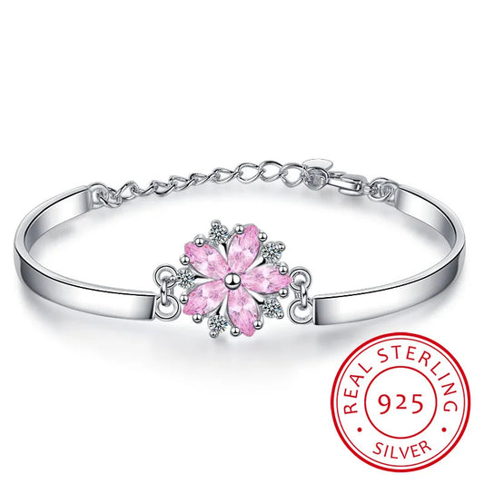 Fashion Exquisite 925 Sterling Silver Jewelry Personality Sakura Cherry Blossoms Flower Female Gift Beautiful Bracelets Sb101