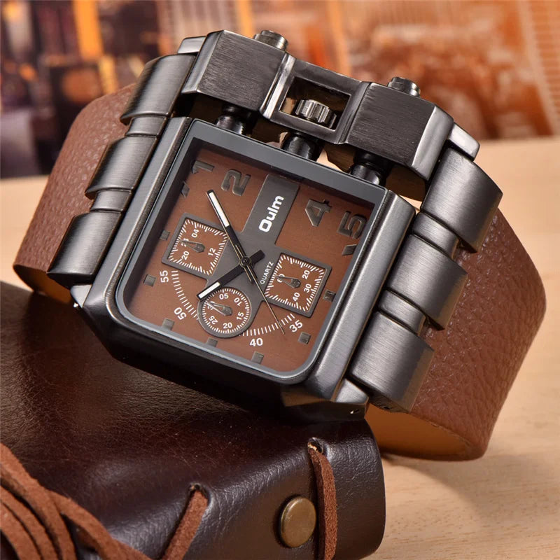 Oulm Brand 3364 Unique Design Square Men Wristwatch Wide Big Dial Casual Leather Strap Quartz Watch Male Sport Watches