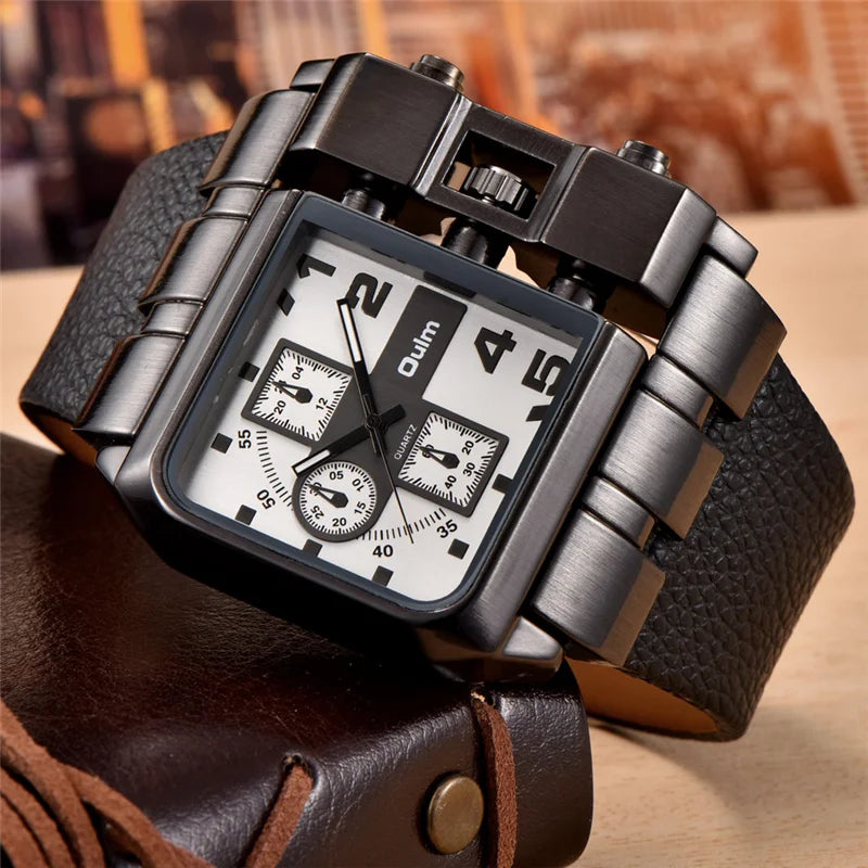 Oulm Brand 3364 Unique Design Square Men Wristwatch Wide Big Dial Casual Leather Strap Quartz Watch Male Sport Watches