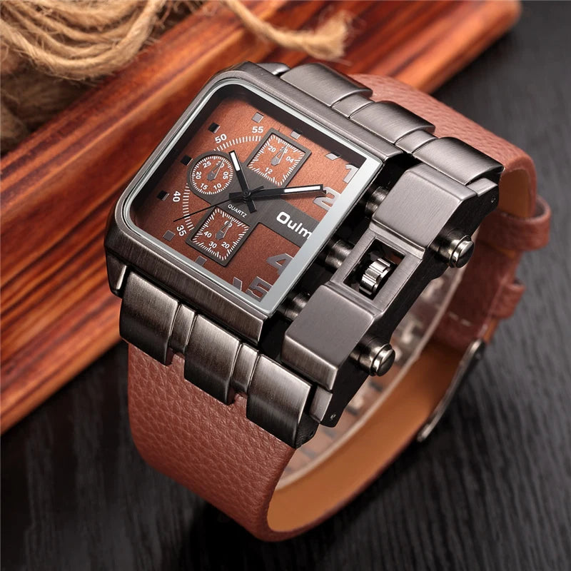 Oulm Brand 3364 Unique Design Square Men Wristwatch Wide Big Dial Casual Leather Strap Quartz Watch Male Sport Watches