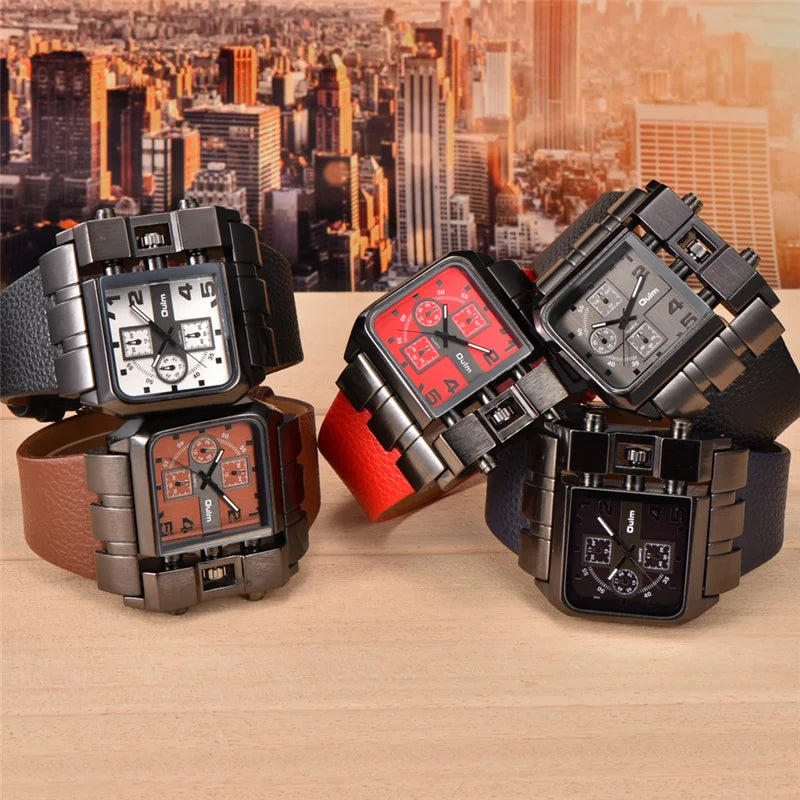 Oulm Brand 3364 Unique Design Square Men Wristwatch Wide Big Dial Casual Leather Strap Quartz Watch Male Sport Watches