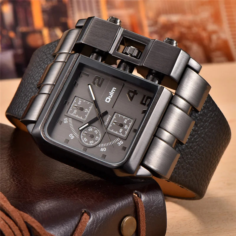 Oulm Brand 3364 Unique Design Square Men Wristwatch Wide Big Dial Casual Leather Strap Quartz Watch Male Sport Watches