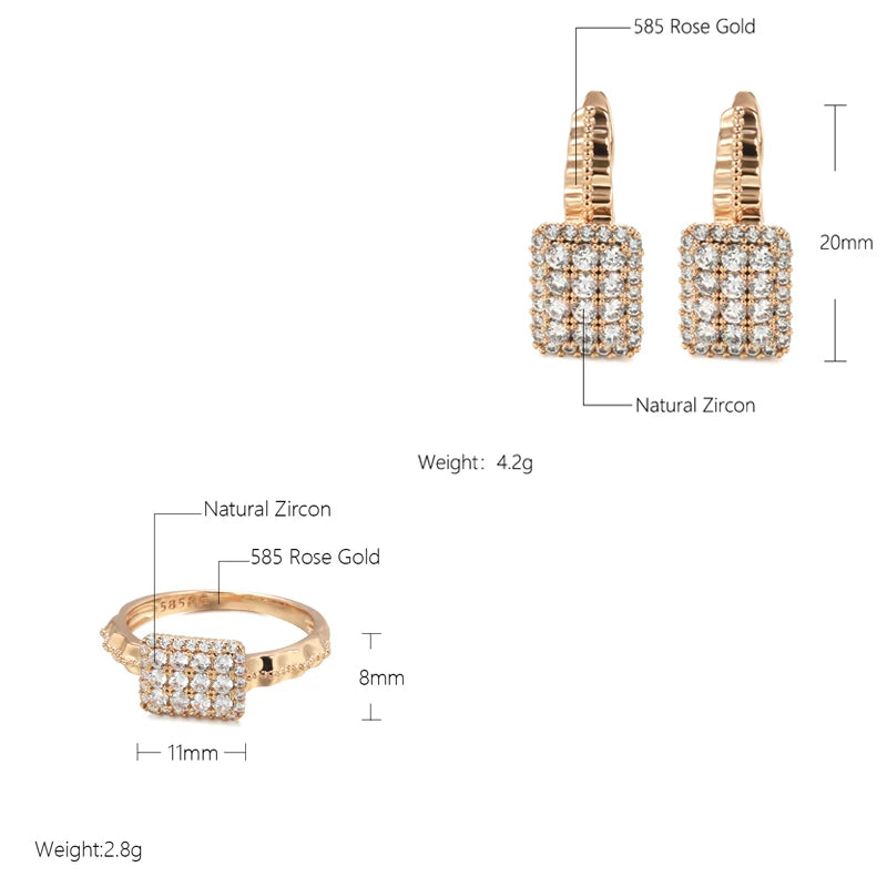 Kinel New 585 Rose Gold Earrings Ring Sets for Women Classic Natural Zircon Earrings Ring Fashion Bridal Wedding Jewelry Set