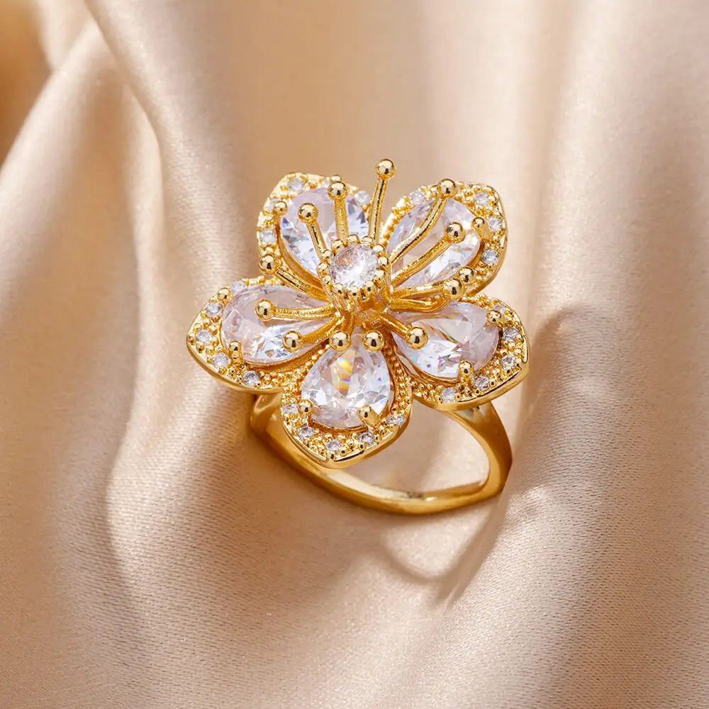 Pink Zircon Flower Rings for Women Gold Color Stainless Steel Ring Trend Elegant Floral Luxury Aesthetic Jewelry anillos
