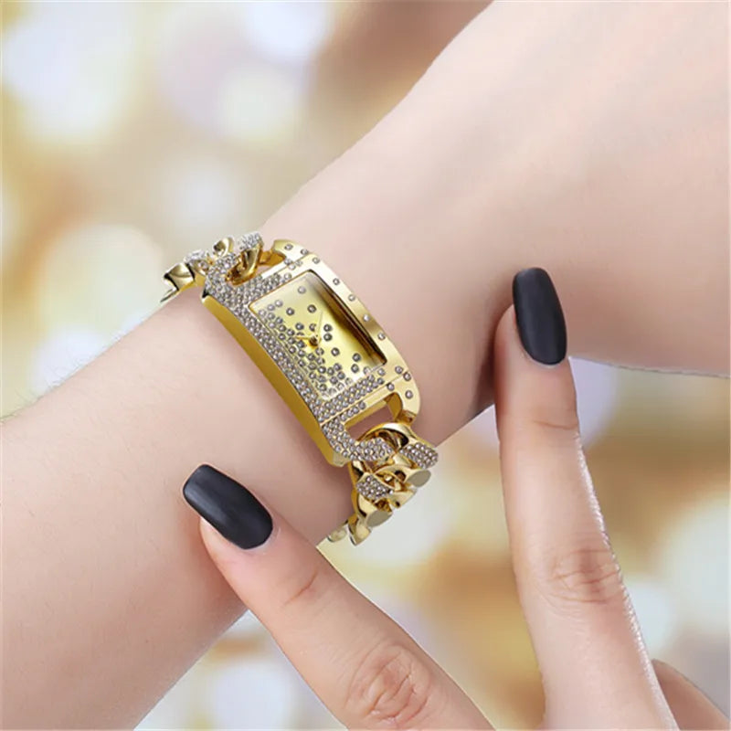 Bracelet Watches Students Girls Fashion Casual Alloy Band Luxury Diamond Golden Rectangular Quartz Watch