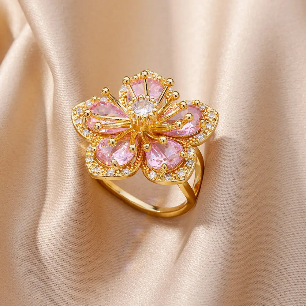 Pink Zircon Flower Rings for Women Gold Color Stainless Steel Ring Trend Elegant Floral Luxury Aesthetic Jewelry anillos