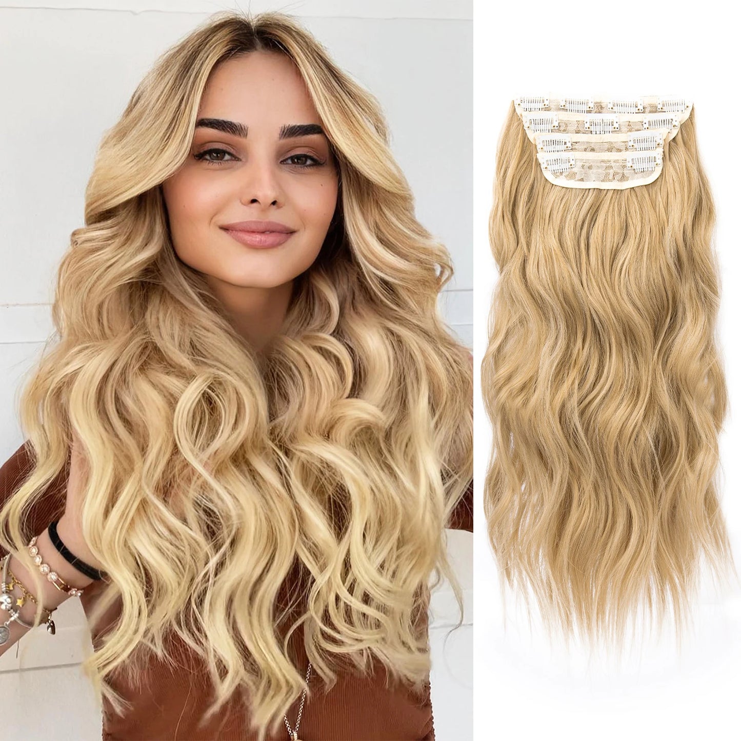 4Pcs/Set 20Inch Synthetic Hair Clip In Long Wavy Thick Hairpieces For Women Full Head Synthetic Hair Extensions Ombre Hairpieces