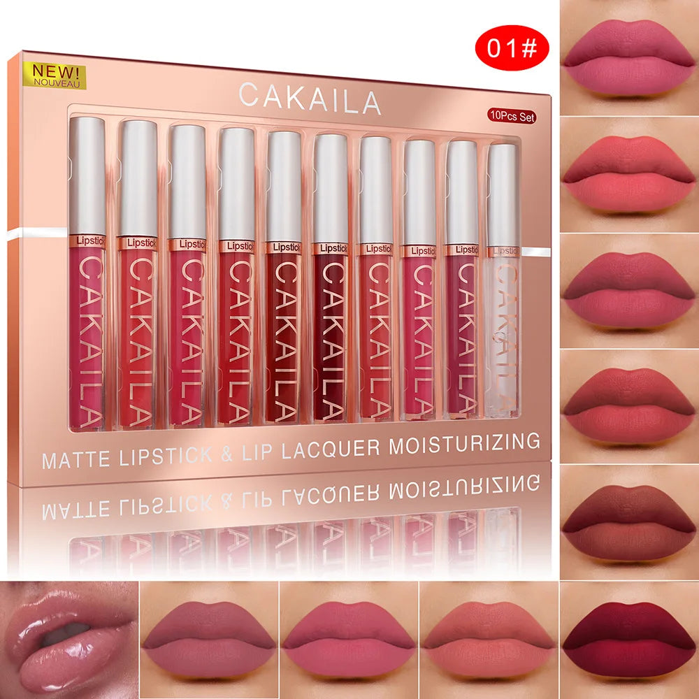 CAKAILA 10pcs/set Nude Lip Gloss Matte Velvet Lipstick Waterproof Long-lasting  Liquid Lipstick Women Moist Lip Tint