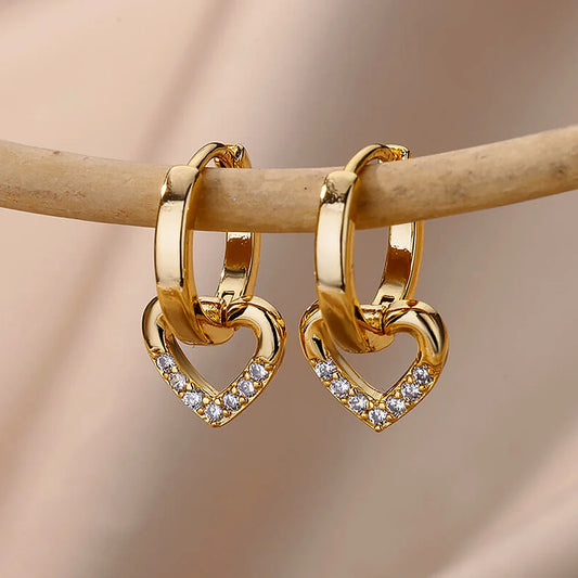 Hollow Zircon Heart Earrings For Women Stainless Steel Gold Color Heart Earring Luxury Couple Jewelry Gift Free Shipping