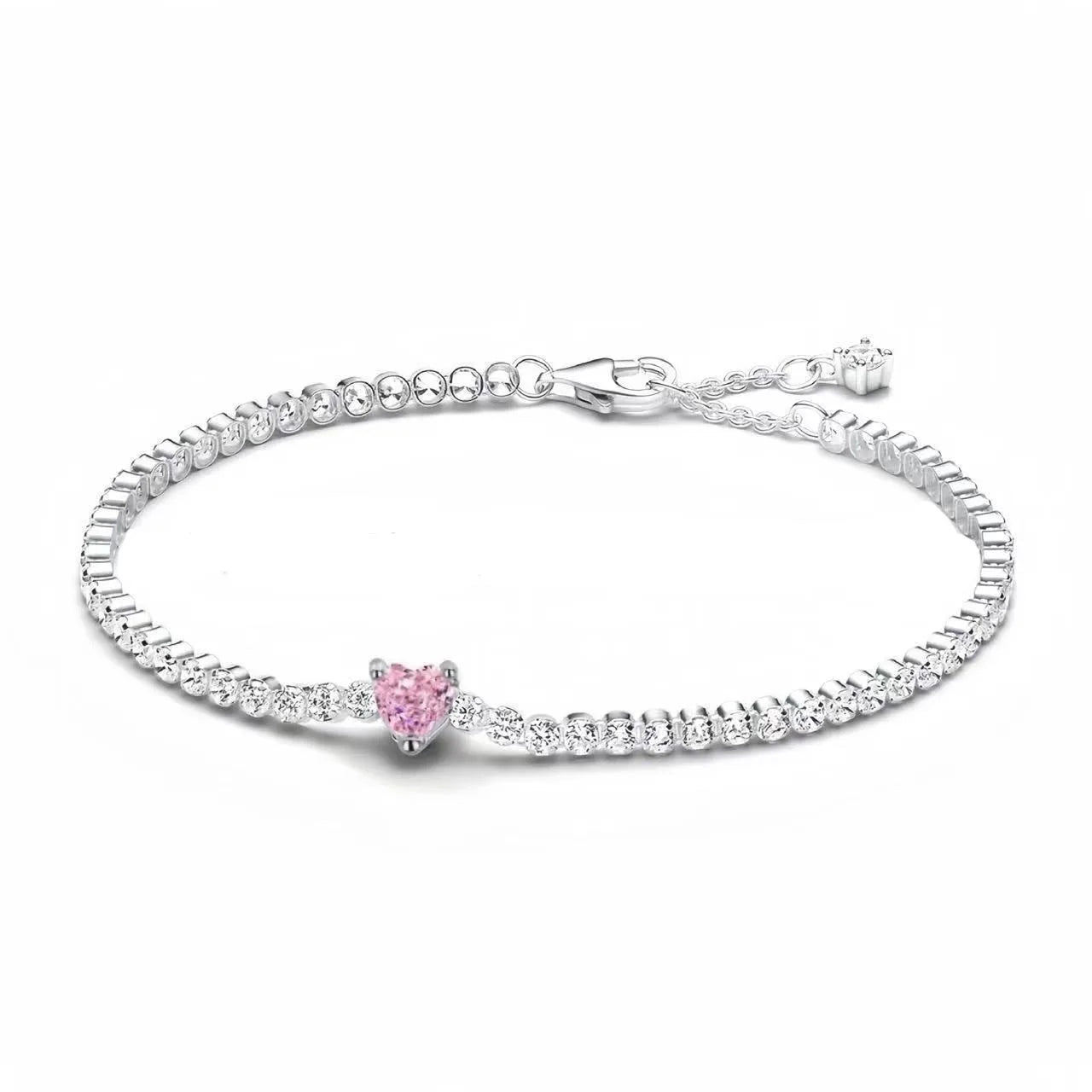 925 Silver Sparkling Red Heart Bracelet Pink Row Tennis Bracelet Shining Star Bracelet For Women Anniversary Gift Fine Jewelry