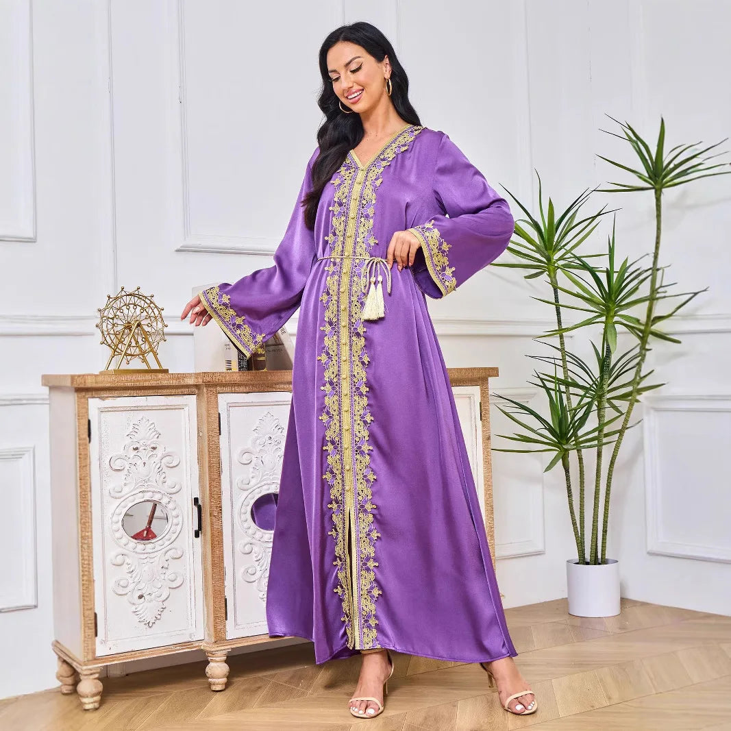 Fashionable Muslim Abaya Jalabiya Long Dress Summer New Style Cross-Border Ethnicity Style Polyester Long Skirt with Lace Edge