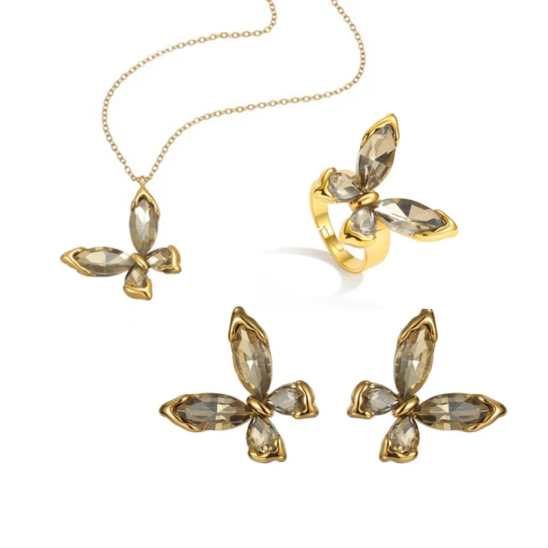EILIECK 316L Stainless Steel Sparkling Butterfly Zircon Crystal Necklace Earrings Set Waterproof Trendy Jewelry For Women Gift