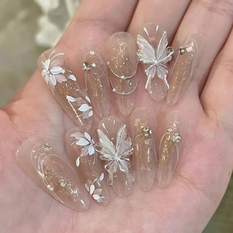 30Pcs 3D Pink Fake Nails with Diamond Halloween Long Almond False Nail Butterfly Design Wearable Oval Press on Nails Tips Y2k