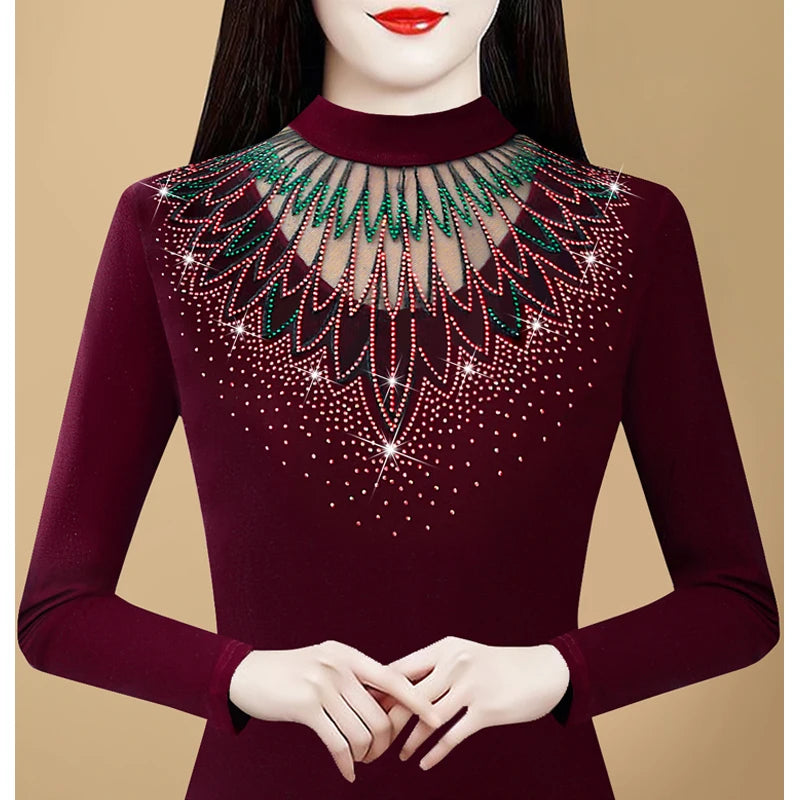 Autumn Winter Women's T shirt New Long Sleeve Patchwork Embroidery Lace Shirt Half High Collar Diamond Mesh Tops