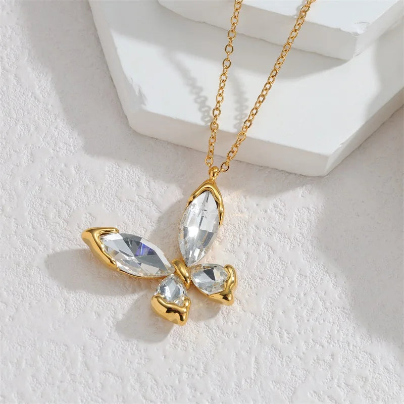 EILIECK 316L Stainless Steel Sparkling Butterfly Zircon Crystal Necklace Earrings Set Waterproof Trendy Jewelry For Women Gift