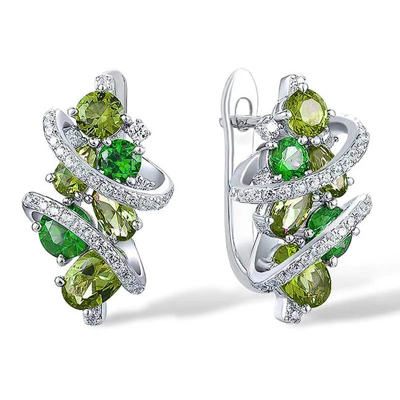 Huitan Green/Blue Cubic Zirconia Hoop Earrings for Women New Temperament Elegant Bridal Wedding Party Earrings Trendy Jewelry