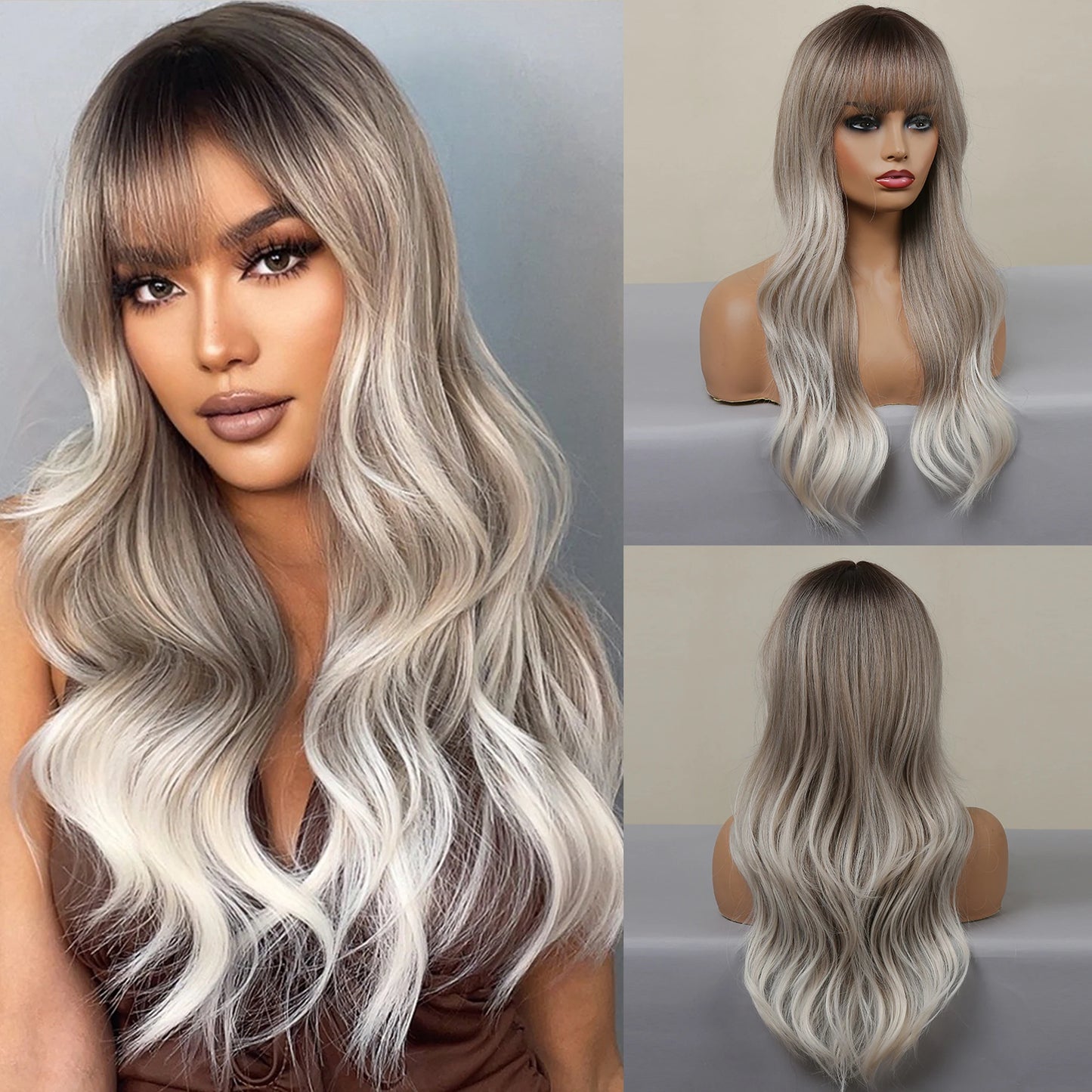 GEMMA Ombre Brown Blonde Long Straight Synthetic Wigs with Bangs Cosplay Wig for Women High Temperature Natural Fake Hair