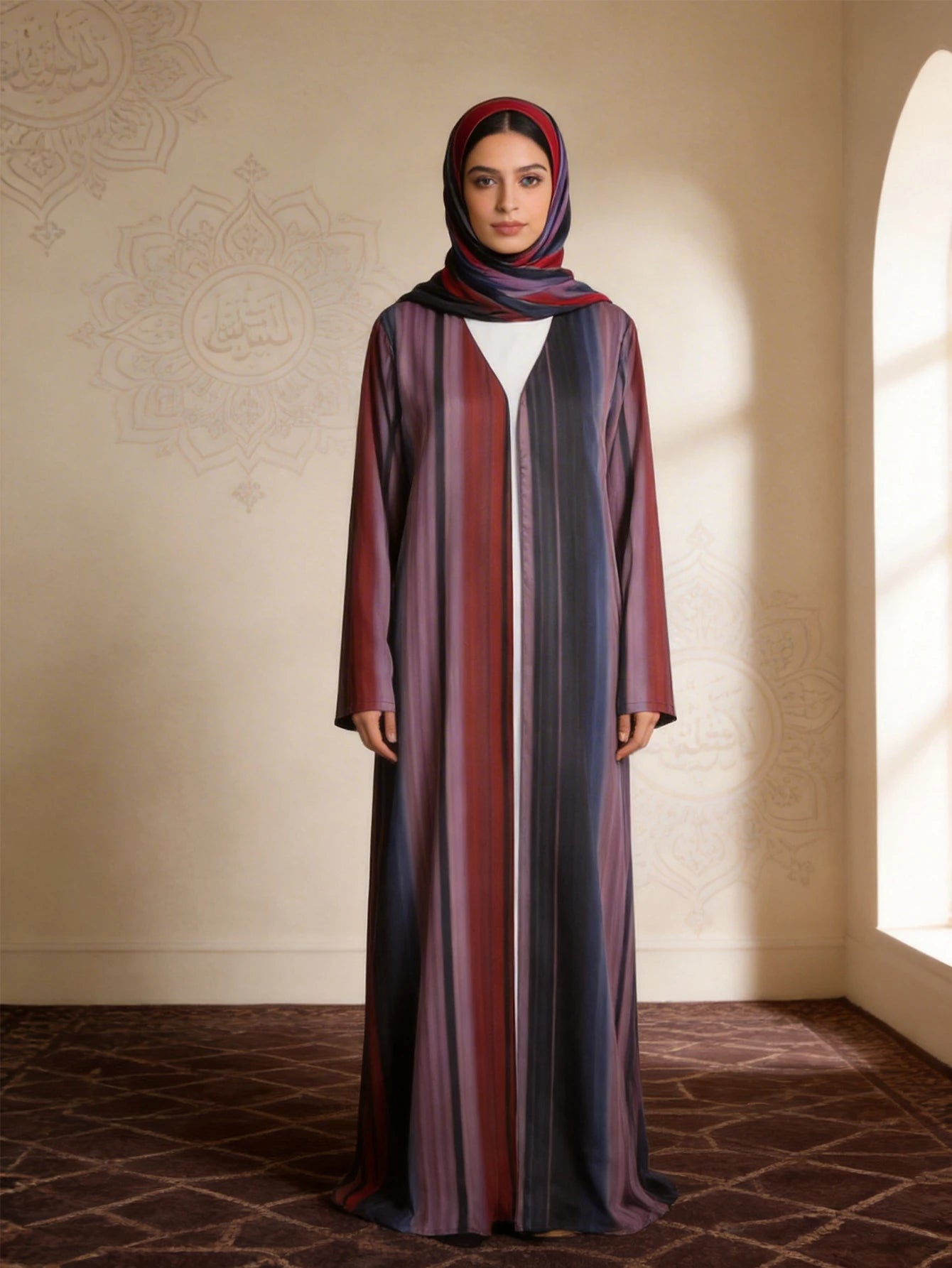 Middle Eastern Fashion Women's Long-Sleeved Loose-Fitting Elegant and Dignified Gradient Color Arabic Abaya with a Free Headscarf