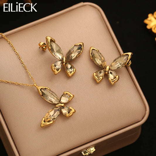 EILIECK 316L Stainless Steel Sparkling Butterfly Zircon Crystal Necklace Earrings Set Waterproof Trendy Jewelry For Women Gift
