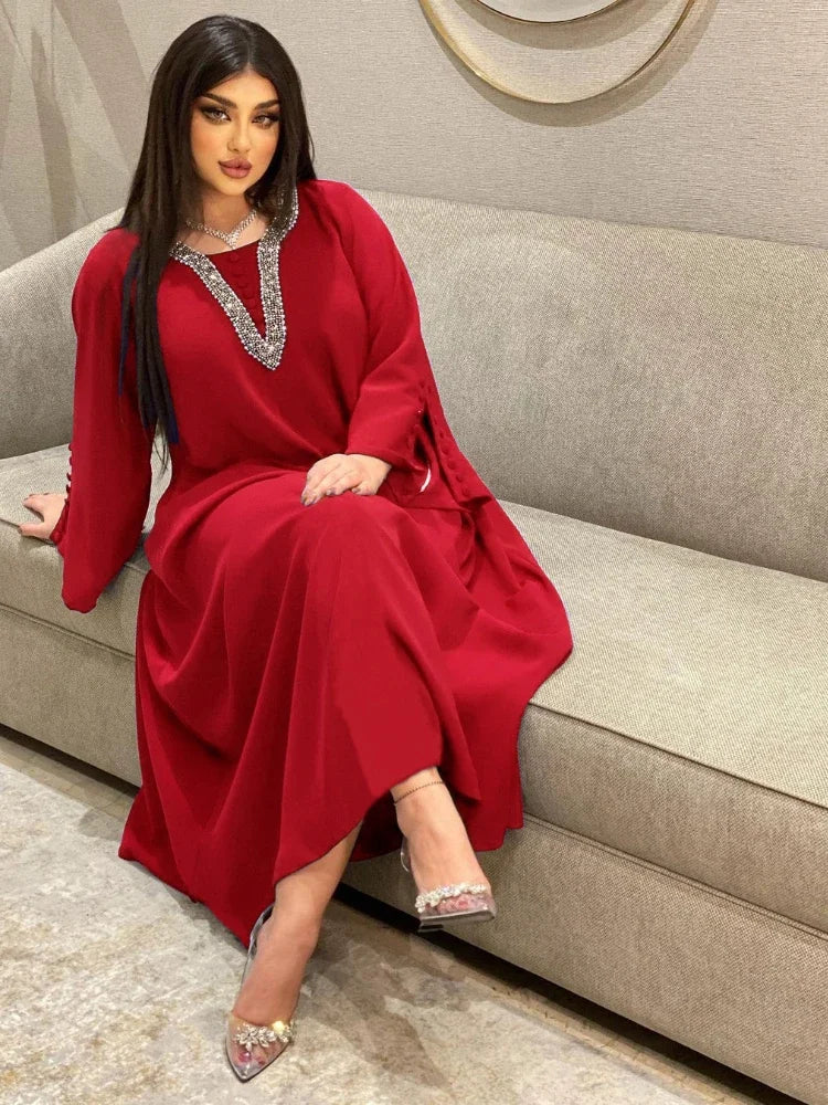 Morocco Party Dress for Women Fashion Diamonds Button Decoration Long Sleeve Party Prom Dress Ramadan Muslim Women Maxi Vestidos