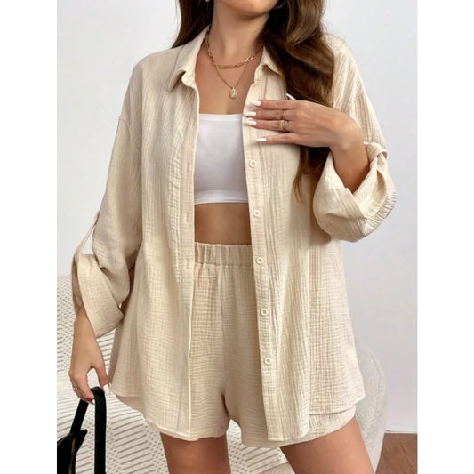 Solid Color Casual Loose Short Pants Sets For Women 2025 Elegant Summer Women's Two Pieces Suit Full Set Female Outfit Clothes