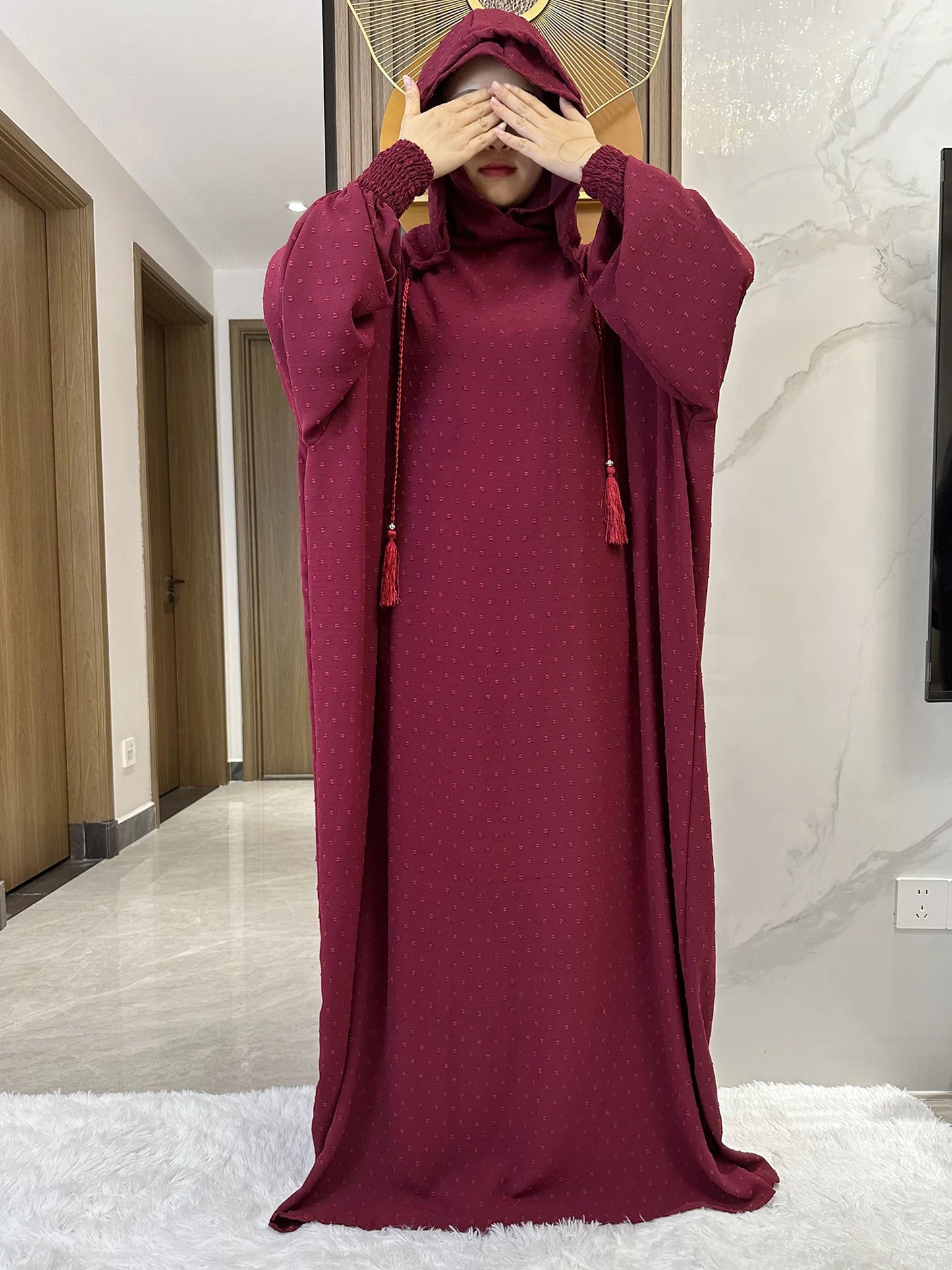 New Ramadan Muslim Two Hats Abaya Dubai Turkey Islam Prayer Clothes Solid Cotton Fabric Dresses Islam Women Dress Kaftan