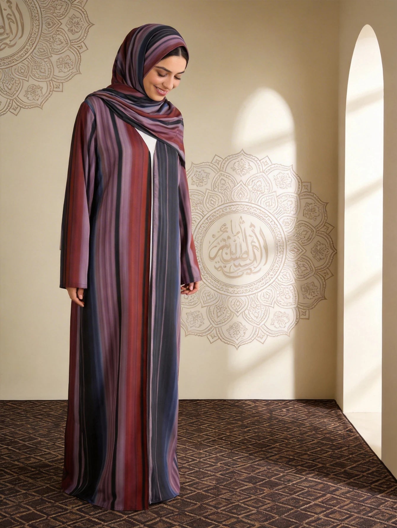 Middle Eastern Fashion Women's Long-Sleeved Loose-Fitting Elegant and Dignified Gradient Color Arabic Abaya with a Free Headscarf