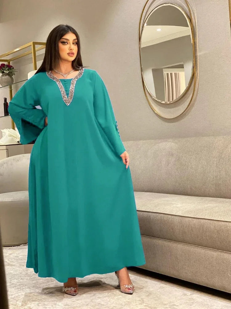 Morocco Party Dress for Women Fashion Diamonds Button Decoration Long Sleeve Party Prom Dress Ramadan Muslim Women Maxi Vestidos