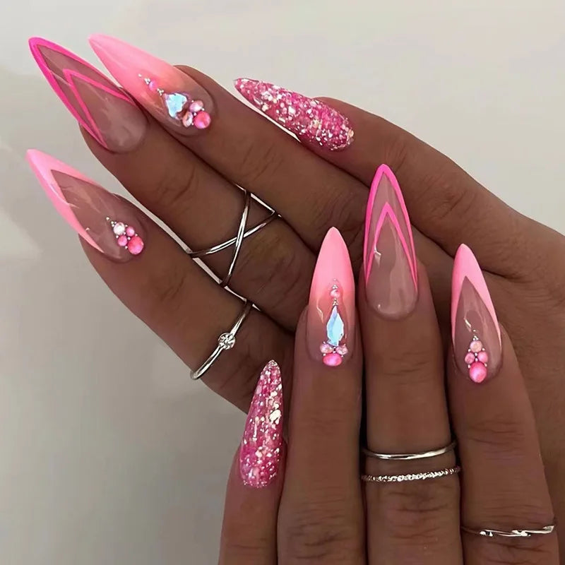 Medium-length Acrylic Almond Fake Nails Art Cool Hottie Girl Wear False Nails Europe and USA Press on Nail Removable French Nail