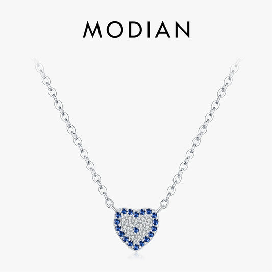 MODIAN 925 Sterling Silver Basis Hearts Blue Zirconia Pendant Necklace Fashion Stackable Link Chain Jewelry For Women Gifts