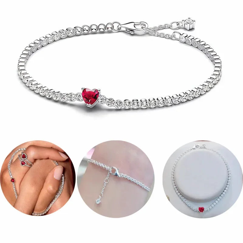 925 Silver Sparkling Red Heart Bracelet Pink Row Tennis Bracelet Shining Star Bracelet For Women Anniversary Gift Fine Jewelry