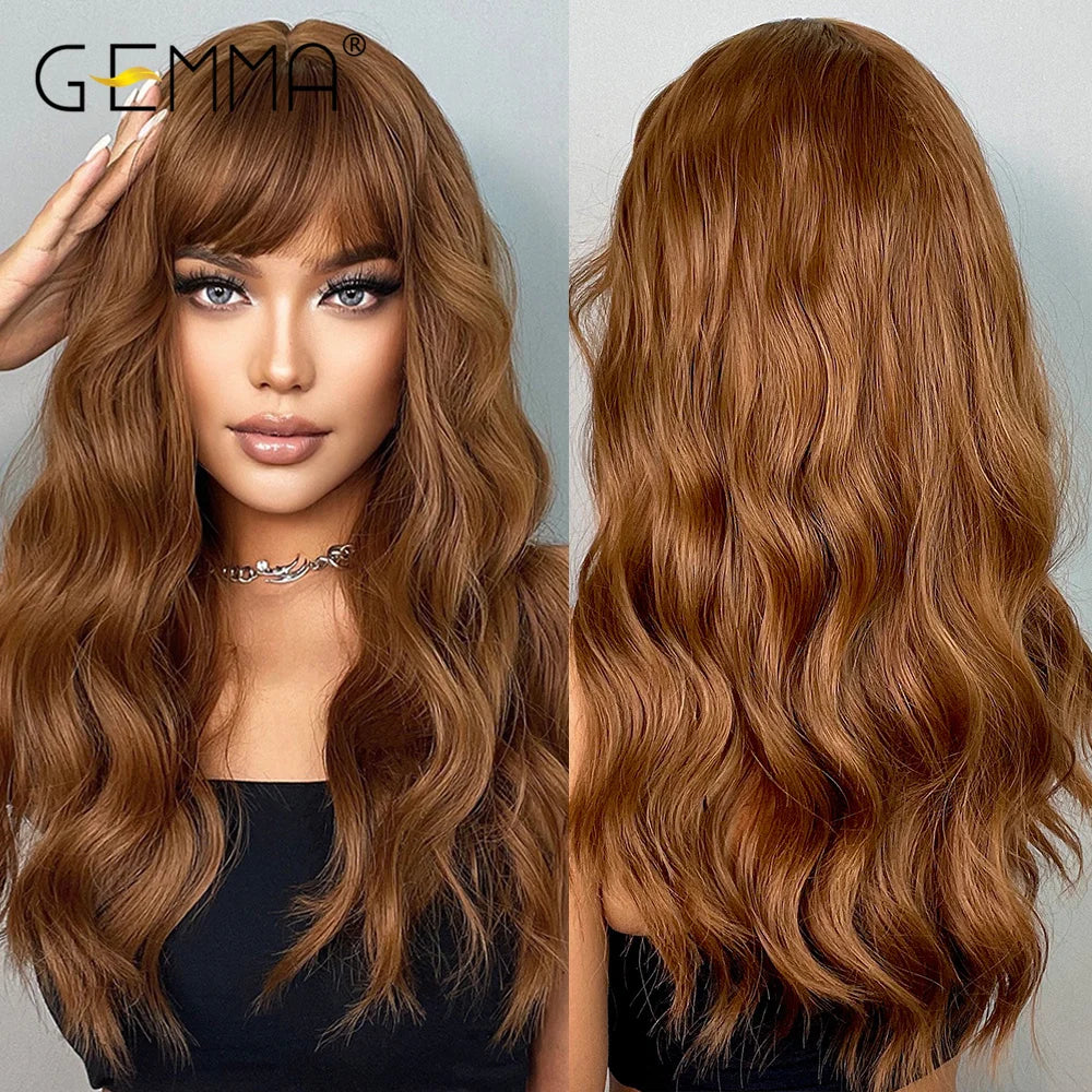 GEMMA Ombre Brown Blonde Long Straight Synthetic Wigs with Bangs Cosplay Wig for Women High Temperature Natural Fake Hair