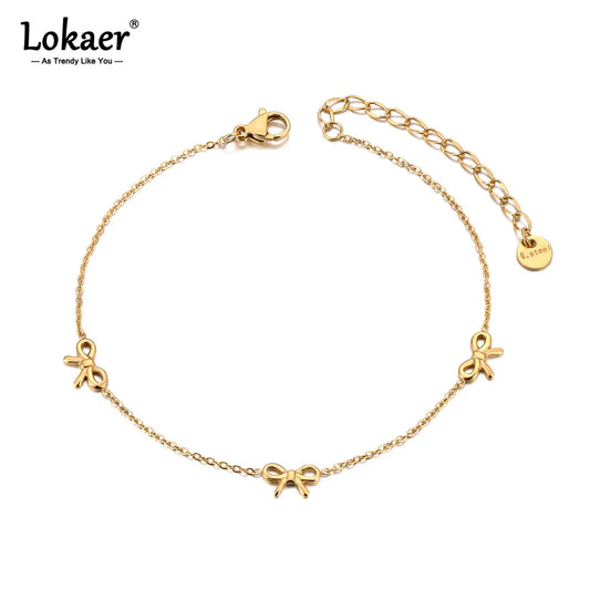 Lokaer 18K Gold Plated Stainless Steel Bowknot Charm Anklets For Women Trendy Bohemia Beach Party Chain Anklet Jewelry A24020