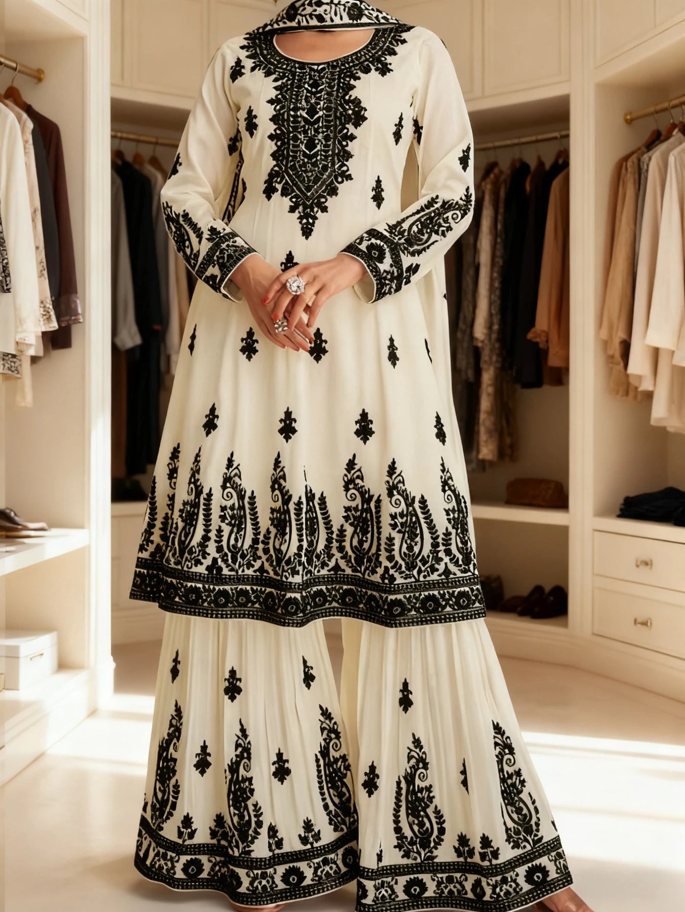 Muslim 2 Piece Set Women Print Blouse Dubai India Top Wide Leg Pants Suit Morocco Musulman Ensemble Casual Femme Arabic Outfits
