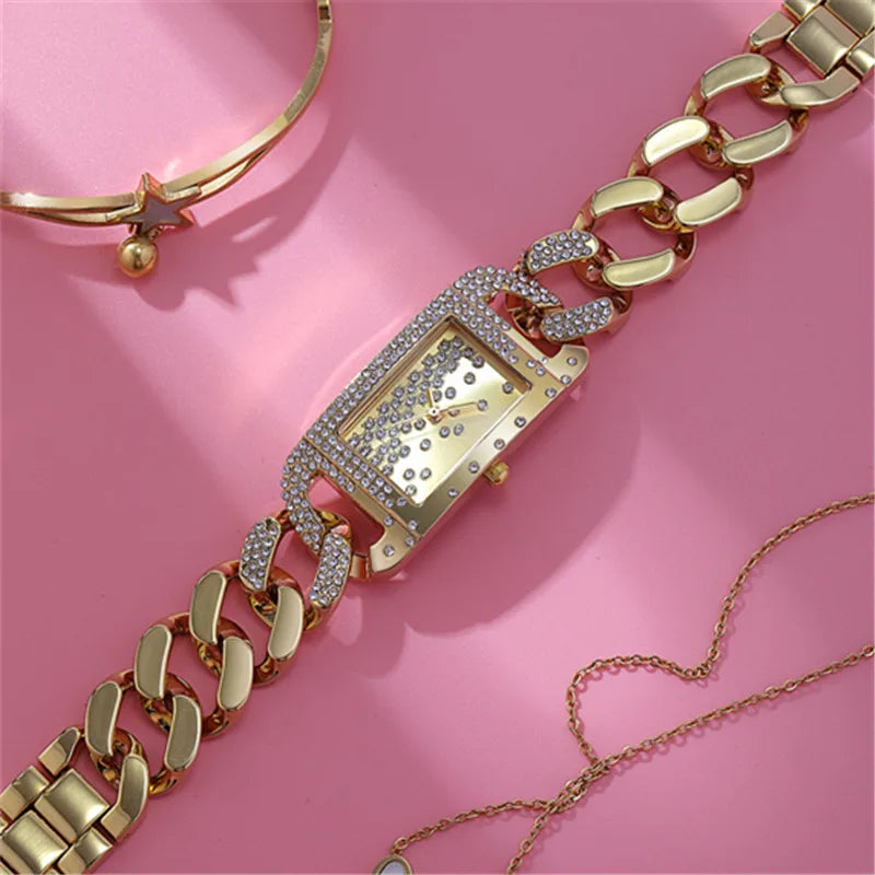 Bracelet Watches Students Girls Fashion Casual Alloy Band Luxury Diamond Golden Rectangular Quartz Watch