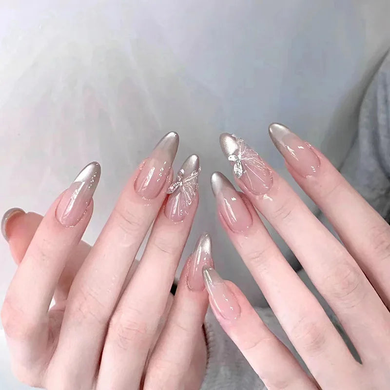 30Pcs 3D Pink Fake Nails with Diamond Halloween Long Almond False Nail Butterfly Design Wearable Oval Press on Nails Tips Y2k