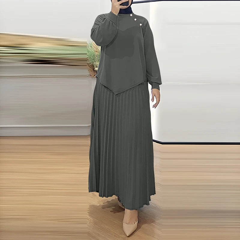 ZANZEA Muslim 2025 Hijabis Modest 2 Piece Skirt Sets Long Sleeve Asymmetrical Hem Blouse and Maxi Pleated Skirt Islamic Outfits