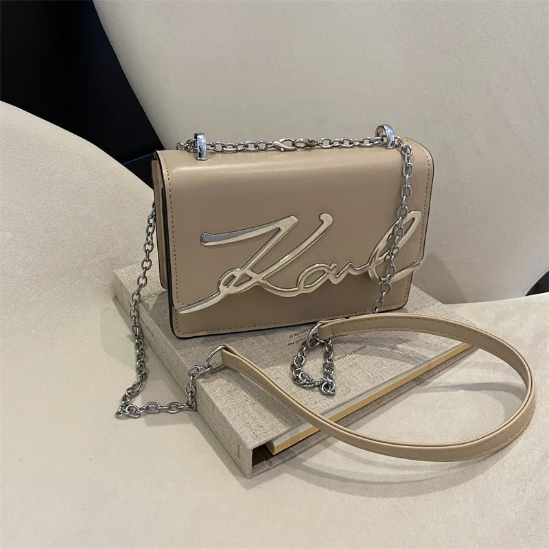 Fashionable Crossbody Bag Solid Color Shoulder Bag Metal Letter Logo ChainLink Strap Featuring Magnetic Button for Daily Use