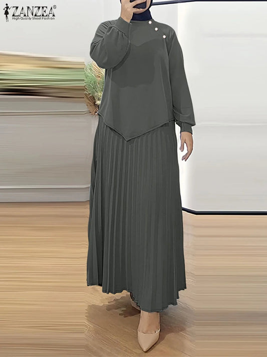ZANZEA Muslim 2025 Hijabis Modest 2 Piece Skirt Sets Long Sleeve Asymmetrical Hem Blouse and Maxi Pleated Skirt Islamic Outfits