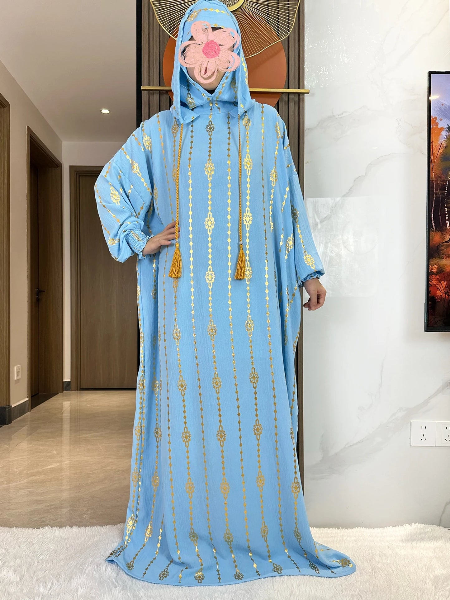 New Cotton Ramadan Muslim Two-Hat Abaya Dubai Turkey Islam Prayer Clothes Gold Dust   Dress Islam Women Dress Kaftan