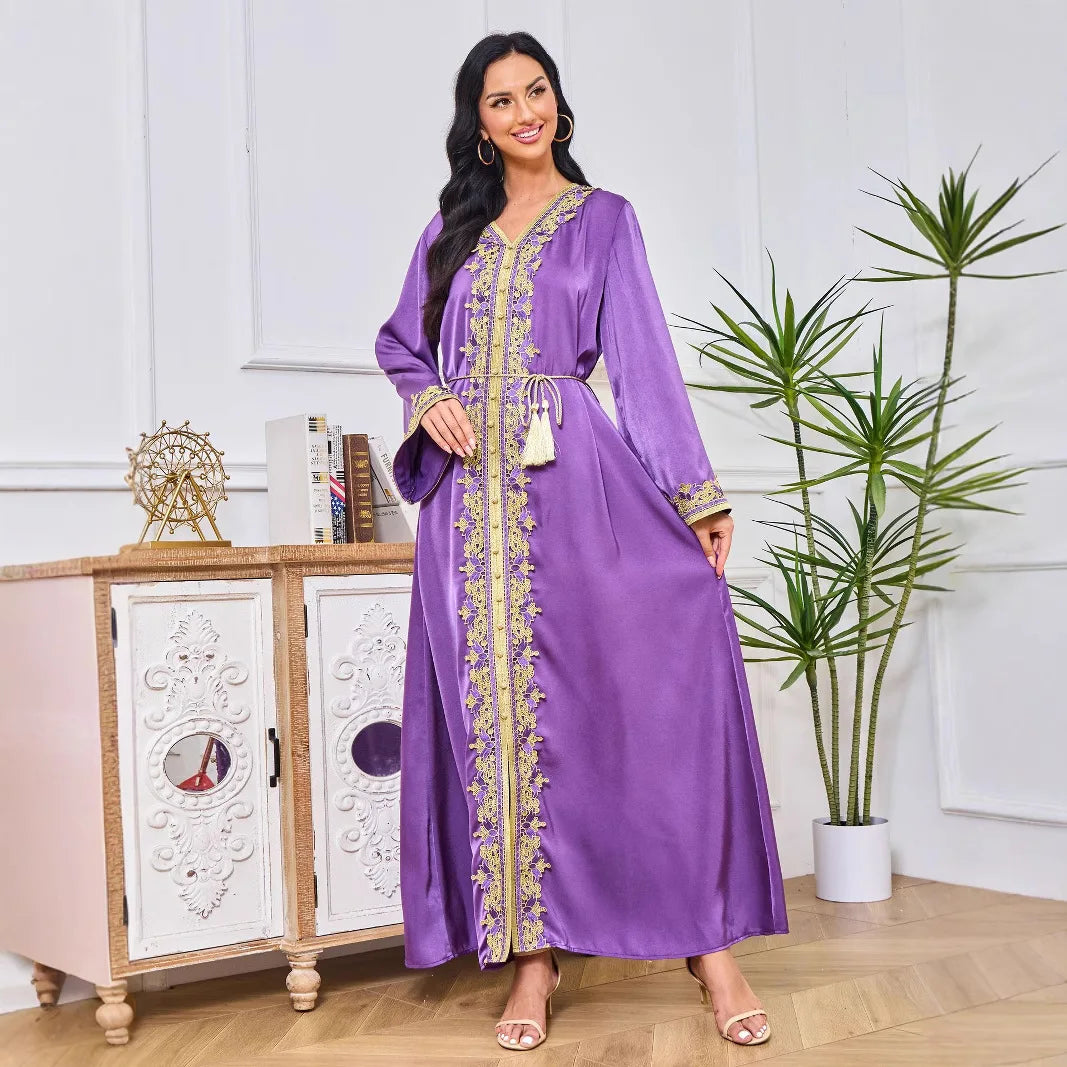 Fashionable Muslim Abaya Jalabiya Long Dress Summer New Style Cross-Border Ethnicity Style Polyester Long Skirt with Lace Edge