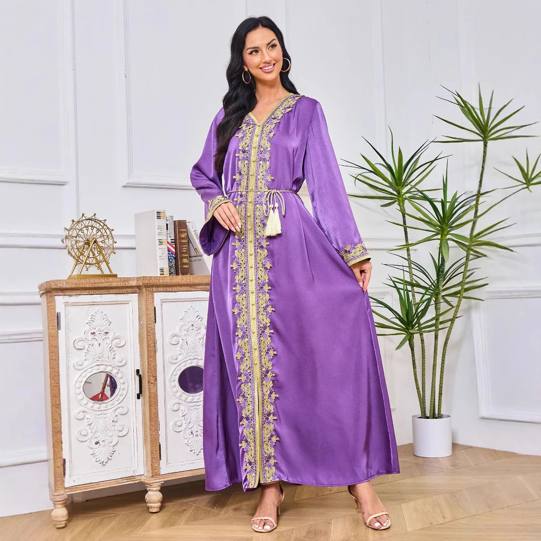Fashionable Muslim Abaya Jalabiya Long Dress Summer New Style Cross-Border Ethnicity Style Polyester Long Skirt with Lace Edge