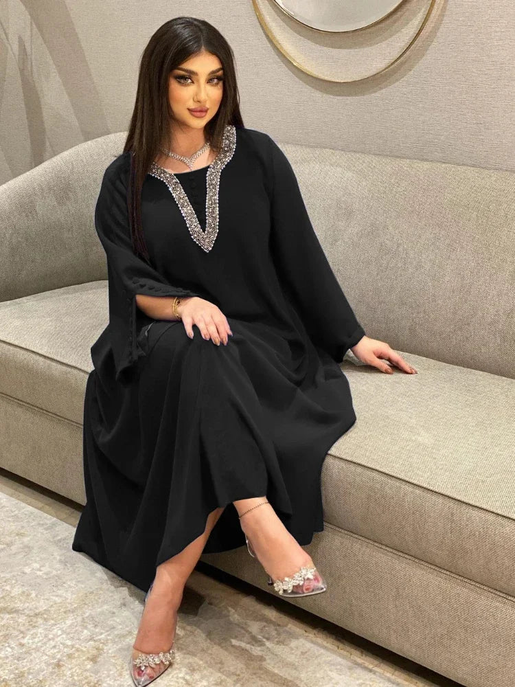 Morocco Party Dress for Women Fashion Diamonds Button Decoration Long Sleeve Party Prom Dress Ramadan Muslim Women Maxi Vestidos