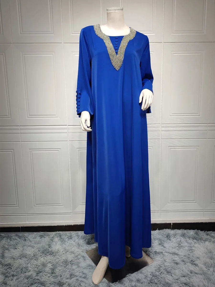 Morocco Party Dress for Women Fashion Diamonds Button Decoration Long Sleeve Party Prom Dress Ramadan Muslim Women Maxi Vestidos